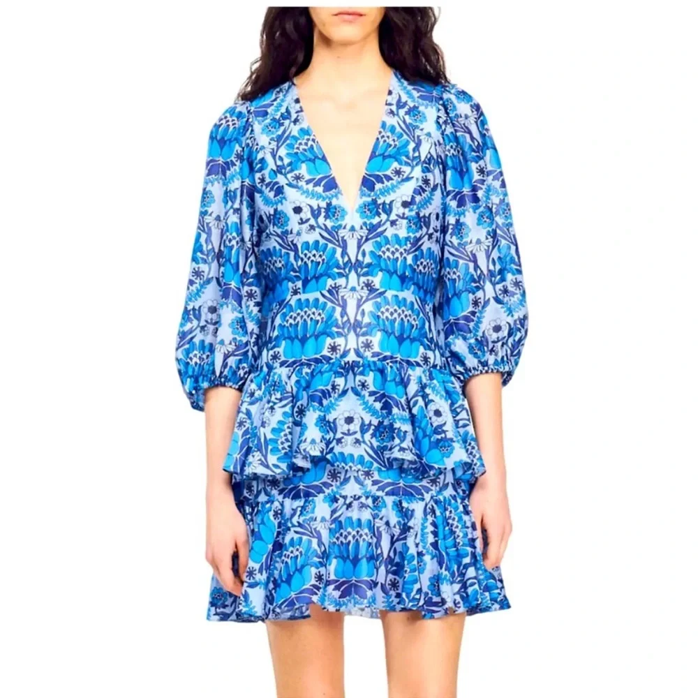 Sandro Eyana Yana Blue Short Dress Floral Spring Ruffle Medium